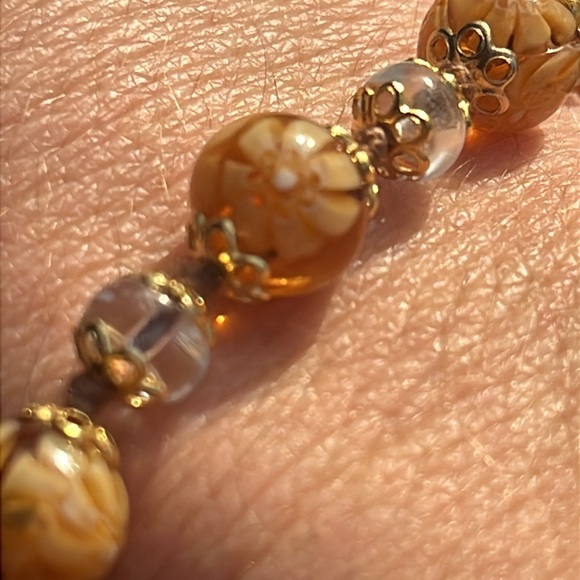 Vintage Hand Knotted Venetian Amber Murano Art Glass Bead Brass Bracelet - Picture 5 of 8
